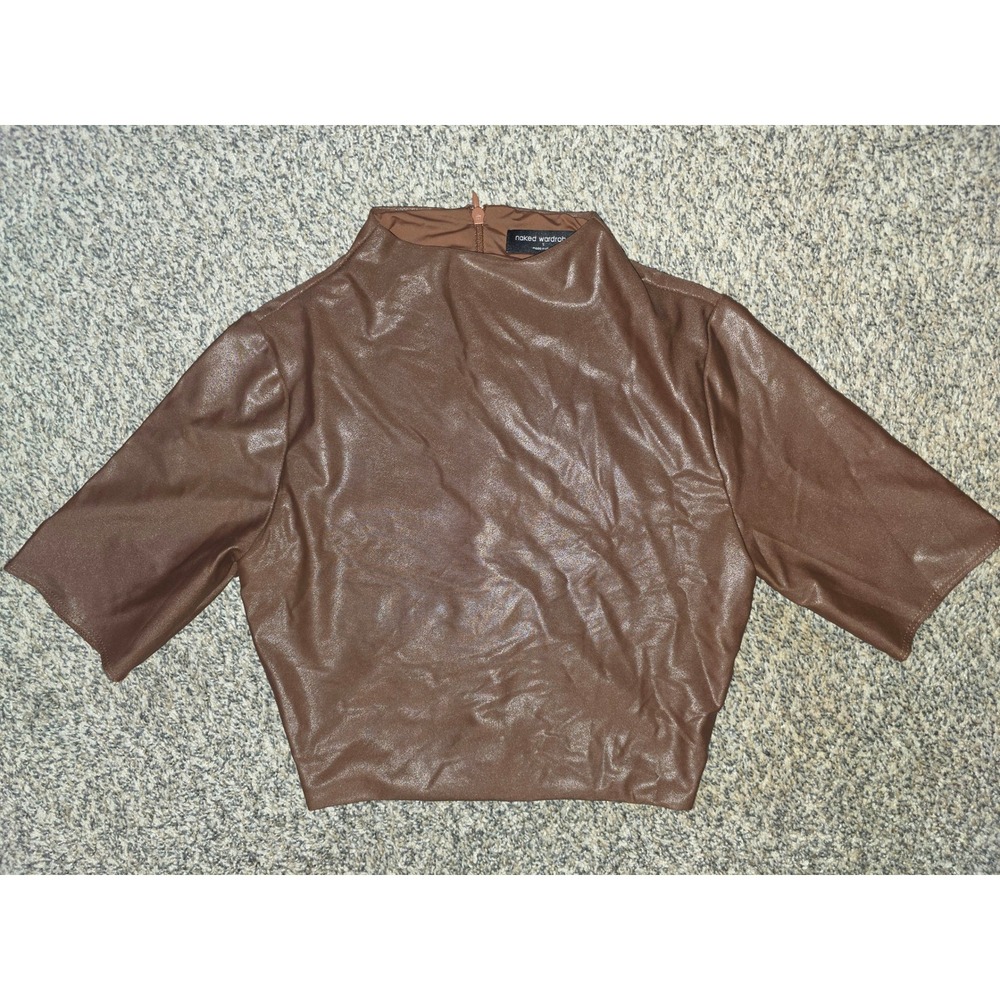 Naked Wardrobe Brown Faux Leather Mock Neck Crop Top S nw-t3211-d